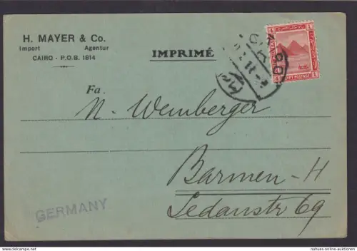 Ägypten Postkarte EF nach Barmen 28.10.1921