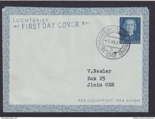 Flughafen Amsterdam Holland Ganzsache Aerogramm Ersttag nach Jicin Tschechien