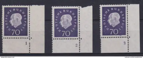 Bund 306 Heuss III 70 Pfg. Bogenecke Eckrand je einmal mit Form-Nr. 1-3 postfrisch