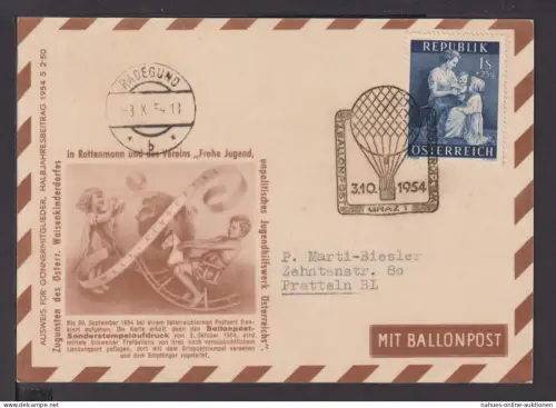 Flugpost Brief Graz Österreich 12. Ballon Post Flug 1954 Pratteln Schweiz