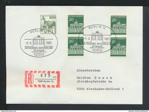 Bund R-Brief SST Brandenburger Tor Unteilbares Deutschland Berlin 1985 Wiesbaden