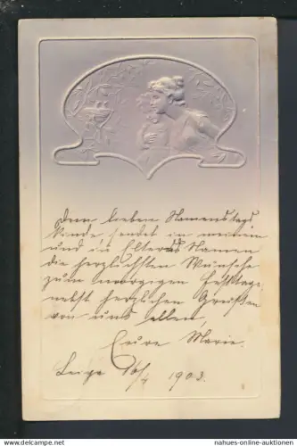 Jugendstil Künstler Ansichtskarte Relief Frauen mit Vogelnest Münchengrätz