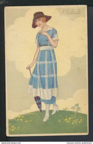 Art Deco Künstler Ansichtskarte Ungarn Budapest Mode Dame mit Hut + Schirm G Moutons