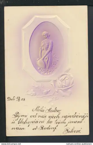 Jugendstil Künstler Ansichtskarte Relief Frau mit Krug KladnoTschechien Unhoscht
