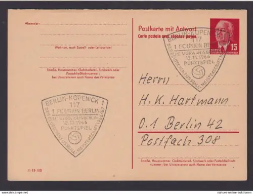 DDR Ganzsache mit Antwort Köpenick Berlin guter SST Sport Fußball 1 FC Union Berlin