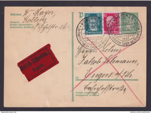 Deutsches Reich Eilboten Ganzsache Bedeutende Deutsche + gleicher ZUF Koblenz Engers