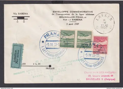 Flugpost Airmail Tschechoslowakei Brief SABENA Prag Brüssel via Laeken Belgien 1937
