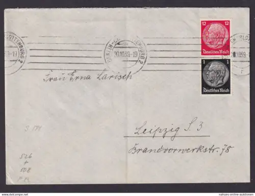 Deutsches Reich Brief Zusammendruck Hindenburg Berlin Charlottenburg Leizig 1939