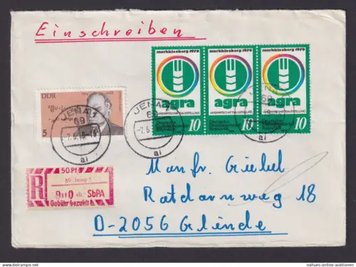 DDR R Brief mit Einschreibezettel 50 Pfg. Gebühr bezahlt Jena SbPA Glinde Hamburg