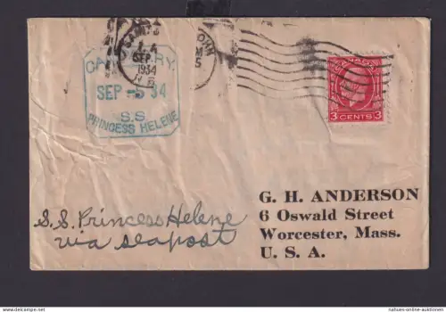 Schiffspost Kanada S.S. Princess Helene nach Worcester Massachusetts USA 1934