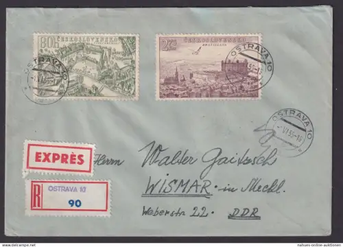 Flugpost Brief Air Mail Tschechoslowakei Ostrava Wismar DDR 1955