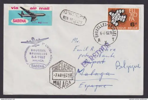 Flugpost Brief Air Mail Brüssel Belgien Malaga Spanien Sabena 1962