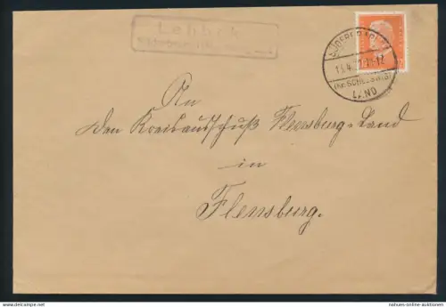 Deutsches Reich EF Hindenburg Landpoststempel Lehbek Süderbrarup n. Flensburg