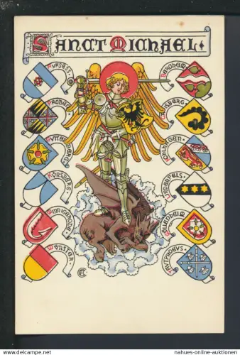 Litho Künstler Ansichtskarte Erzengel Sankt Michael mit Rüstung und Wappen