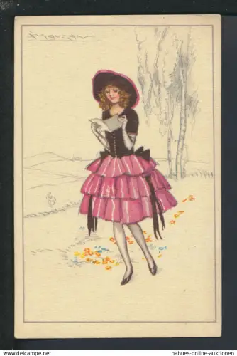 Art Deco Künstler Ansichtskarte Dame mit Buch im Park Brüssel Belgien Mode