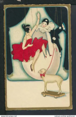 Schöne Art Deco Künstler Ansichtskarte Dame und Harlekin als Marionette