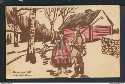 Künstler Ansichtskarte handcoloriert Lowitz Polen Bauerngehöft Feldpost Ober Eula