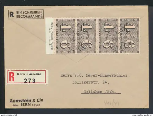 Schweiz R Brief MEF 416 8er Block mit Druckdatum Bern nach Zollikon 16.12.1943