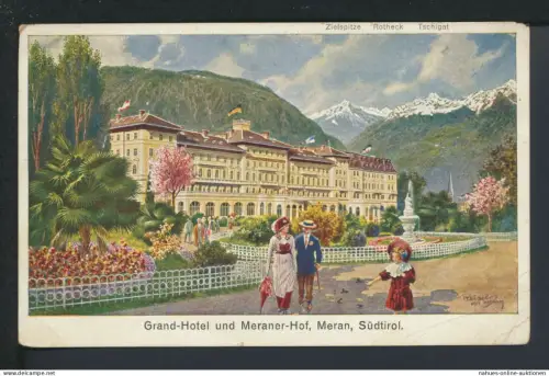 Ansichtskarte Meran Südtirol Italien Grand-Hotel und Meraner-Hof Künstler AK sign.