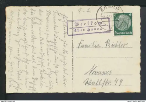 Deutsches Reich Beelkow über Zanow Pommern Ostgebiete Polen Landpoststempel