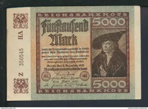 Geldschein Infla Reichsbanknote 5000 Mark 2.12.1922 Wasserzeichen Dornen I - (II)