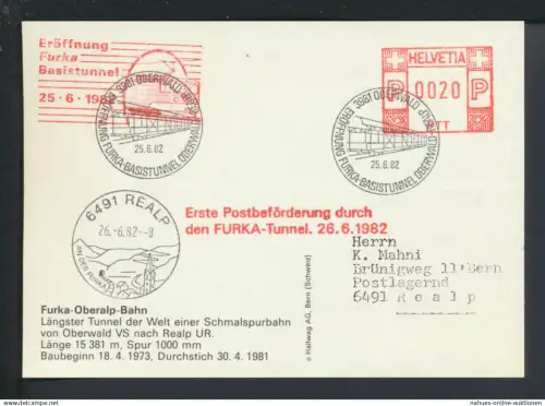 Schweiz inter. Anlasskarte 1. Postbeförderung durch den FURKA Tunnel 1982