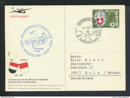 Flugpost Segelflug Schweiz Brief Segelflugkarte Gäu Solothurn 500 Jahrestag