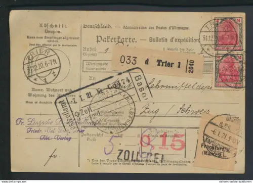 Deutsches Reich Infla Paketkarte MEF Germania Trier Rheinland-Pfalz Zug Schweiz