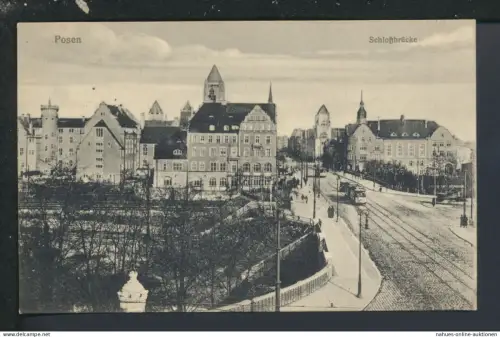 Ansichtskarte Posen Poznań Polen Schlossbrücke Feldpost Dresden Straßenbahn
