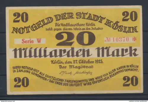 Köslin Pommern Kr. Köslin Koszalin Ostgebiete Geldschein Banknote 20 Mill II_III