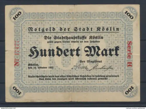 Köslin Pommern Kr. Köslin Koszalin Ostgebiete Geldschein Banknote 100 Mark II_III