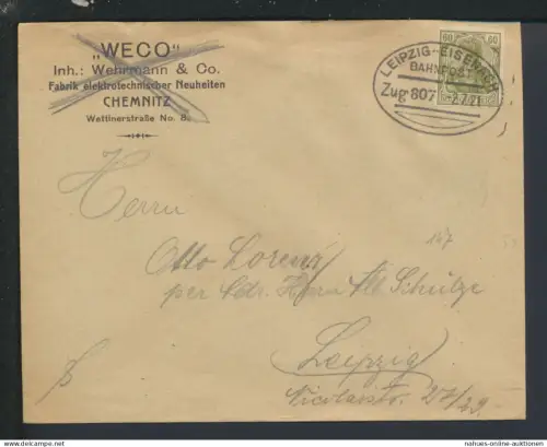 Bahnpost Brief Deutsches Reich Sachsen Leipzig Eisenach Zug 807 Chemnitz