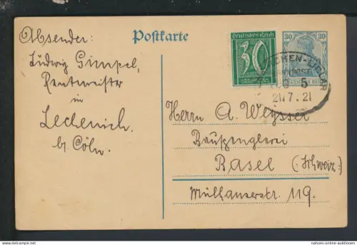 Bahnpost Infla Ganzsache Deutsches Reich NRW Euskirchen Liblar Zug 5 Basel Schweiz