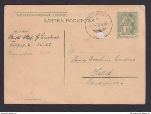 Generalgouvernement Polen stummer Feldpost Stempel Ganzsache nach Halle Saale