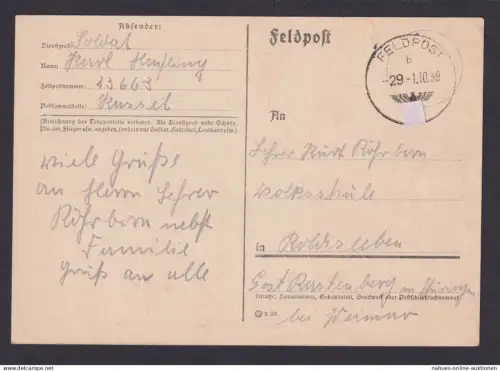 Besetzung Polen Generalgouvernement Feldpost 29 Postkarte ..bei Weimar 1.10.1939