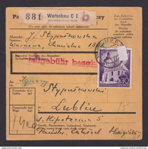 Besetzung Polen Generalgouvernement Paketkarte Warschau Lublin roter L1 Nachge -