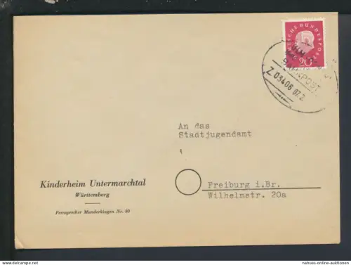 Bahnpost Heuss Brief Bund Baden-Württemberg Untermarchtal Ulm Zug 3406 Freiburg