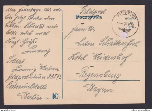 Besetzung Polen Generalgouvernement Postkarte mit stummen Feldpost K1 Regensburg
