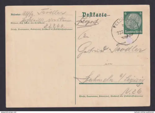 Besetzung Polen Generalgouvernement Hindenburg Ganzsache Feldpost 722 Leipzig