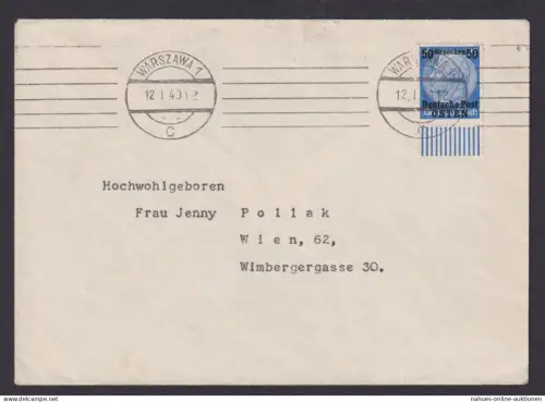 Besetzung Polen Generalgouvernement Brief EF 50 Gr. UR Warszawa Warschau n. Wien