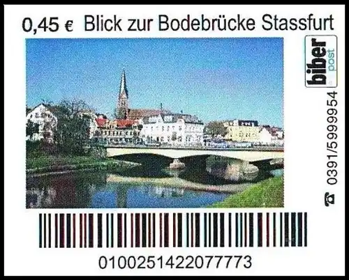 Biberpost: "Grüße aus Staßfurt, Bodebrücke", Satz (1 Wert), Typ VI, dunkel, pfr.