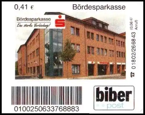 Biberpost: "Bördesparkasse", Wert zu 0,41 EUR, Typ V, postfrisch