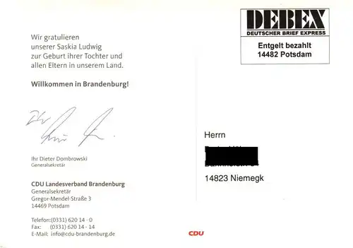 Postkarte des LV der CDU Brandenburg mit vorgedruckter Freimachung "Entgelt ..."