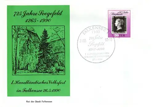 DDR: MiNr. 3329, 26.05.1990, "725 Jahre Seegefeld", Ganzstück, Zudruck, SSt.