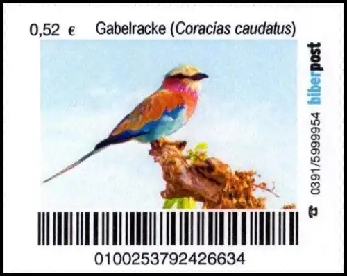 Biberpost: "Vögel: Gabelracke", Satz, postfrisch