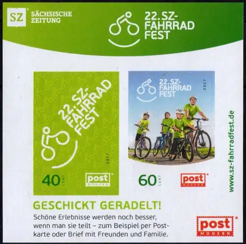 PostModern: MiNr. 446 - 447 Bl. 58, "22. SZ-Fahrradfest", Block, postfrisch