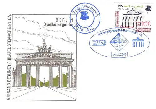 PIN AG: MiNr. 5, "Brandenburger Tor, Berlin", 0,45 EUR, Beleg, SSt. "IBB 2003"