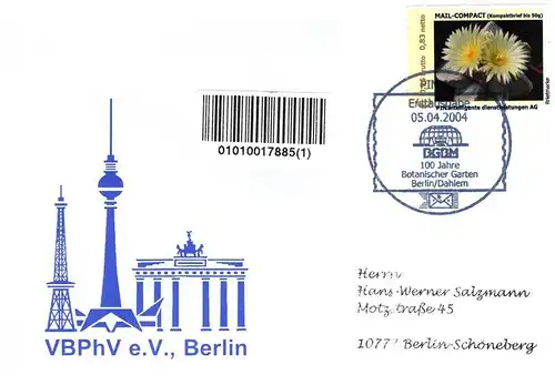 PIN AG: MiNr. 38, 14.06.2004, "100 Jahre Botanischer Garten", Wert zu 0,96 EUR,