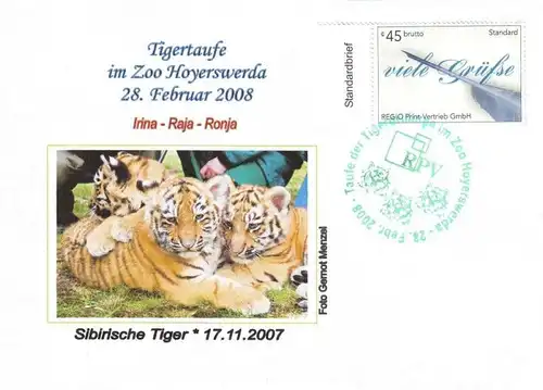 RPV: MiNr. 2, 01."Tigertaufe im Zoo Hoyswerda, 28.02.2008", Sonderbeleg (3), SSt