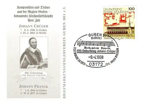 BRD: "400. Geburtstag Johann Crüger, Guben" Ganzstück, Sonderstempel (1)